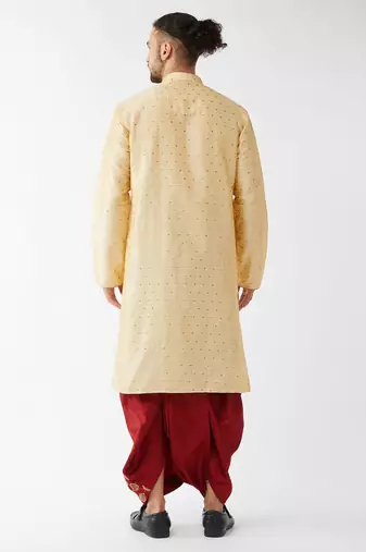 Men'S Beige And Maroon Silk Blend Kurta And Dhoti Set