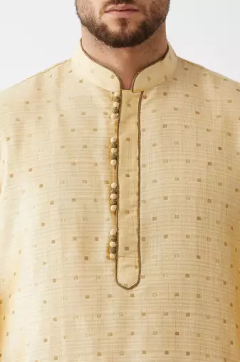 Men'S Beige And Maroon Silk Blend Kurta And Dhoti Set