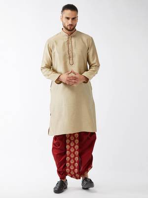 Men'S Beige And Maroon Silk Blend Kurta And Dhoti Set 1