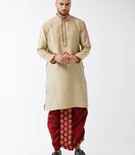 Men'S Beige And Maroon Silk Blend Kurta And Dhoti Set