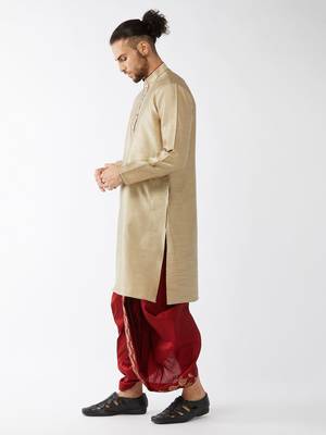 Men'S Beige And Maroon Silk Blend Kurta And Dhoti Set 2