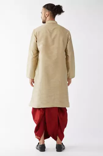 Men'S Beige And Maroon Silk Blend Kurta And Dhoti Set