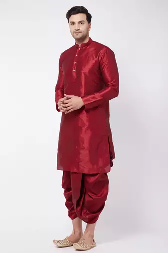  maroon silk blend kurta and dhoti set