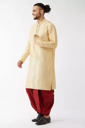  beige and maroon silk blend kurta and dhoti set