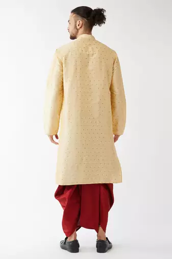  beige and maroon silk blend kurta and dhoti set