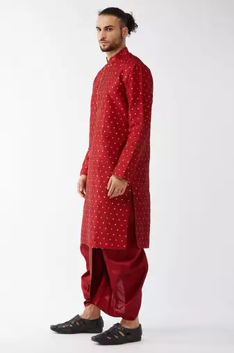  maroon silk blend kurta and dhoti set