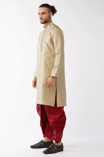  beige and maroon silk blend kurta and dhoti set