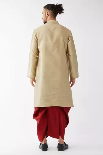  beige and maroon silk blend kurta and dhoti set