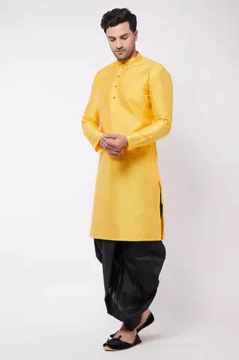 Yellow Silk Blend Kurta And Dhoti Set