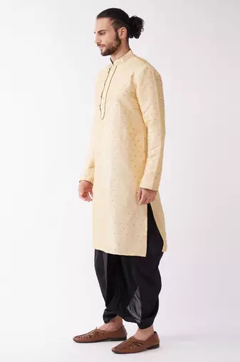 Beige And Black Silk Blend Kurta And Dhoti Set