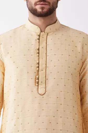 Beige And Black Silk Blend Kurta And Dhoti Set
