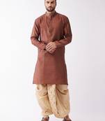 Maroon And Gold Silk Blend Kurta And Dhoti Set
