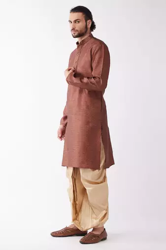 Maroon And Gold Silk Blend Kurta And Dhoti Set
