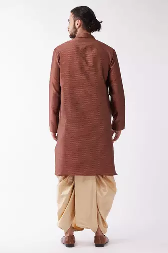 Maroon And Gold Silk Blend Kurta And Dhoti Set