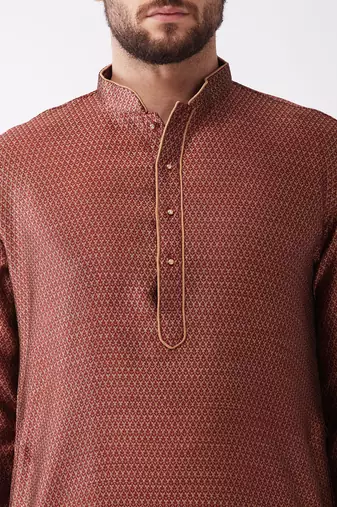 Maroon And Gold Silk Blend Kurta And Dhoti Set