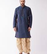 Blue And Gold Silk Blend Kurta And Dhoti Set