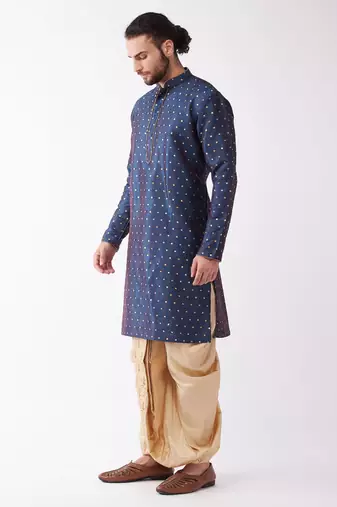 Blue And Gold Silk Blend Kurta And Dhoti Set