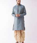Aqua Blue And Gold Silk Blend Kurta And Dhoti Set