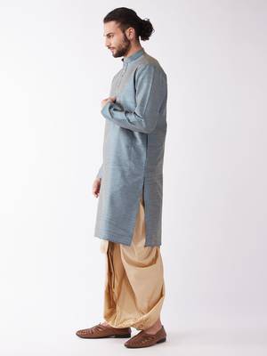 Aqua Blue And Gold Silk Blend Kurta And Dhoti Set 2