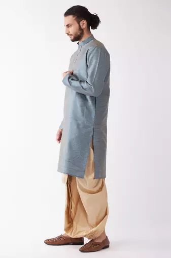 Aqua Blue And Gold Silk Blend Kurta And Dhoti Set