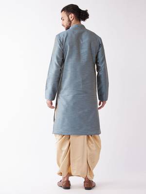 Aqua Blue And Gold Silk Blend Kurta And Dhoti Set 3