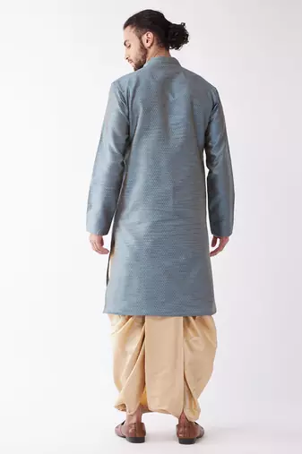 Aqua Blue And Gold Silk Blend Kurta And Dhoti Set