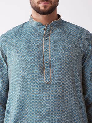 Aqua Blue And Gold Silk Blend Kurta And Dhoti Set 4