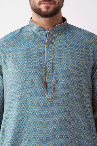 Aqua Blue And Gold Silk Blend Kurta And Dhoti Set