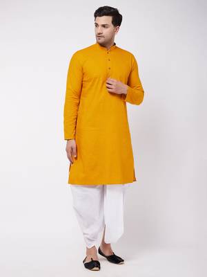 Mustard And White Cotton Blend Kurta And Dhoti Set 1