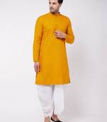 Mustard And White Cotton Blend Kurta And Dhoti Set