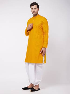 Mustard And White Cotton Blend Kurta And Dhoti Set 2