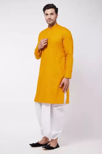 Mustard And White Cotton Blend Kurta And Dhoti Set