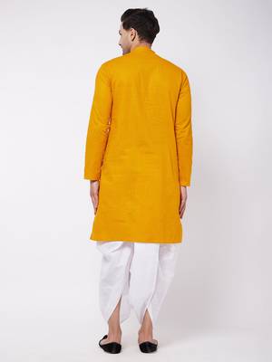 Mustard And White Cotton Blend Kurta And Dhoti Set 3