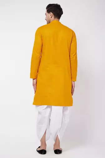 Mustard And White Cotton Blend Kurta And Dhoti Set
