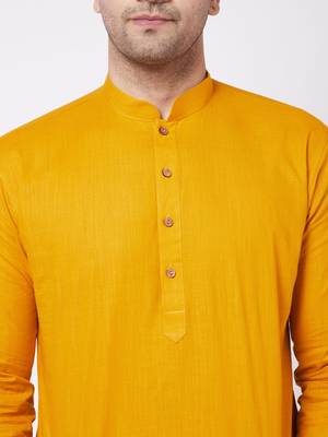 Mustard And White Cotton Blend Kurta And Dhoti Set 4