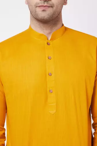 Mustard And White Cotton Blend Kurta And Dhoti Set