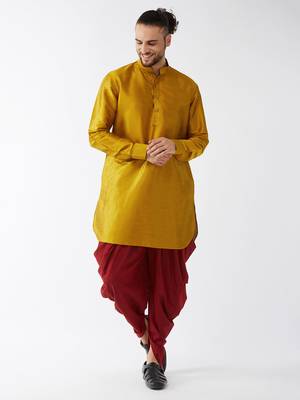 Mustard And Maroon Silk Blend Kurta And Dhoti Set 1