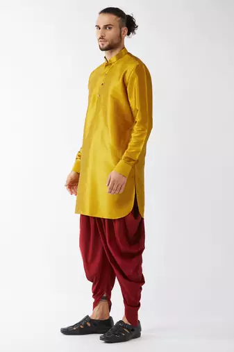Mustard And Maroon Silk Blend Kurta And Dhoti Set