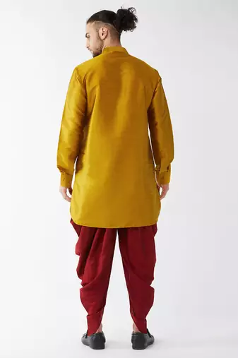 Mustard And Maroon Silk Blend Kurta And Dhoti Set