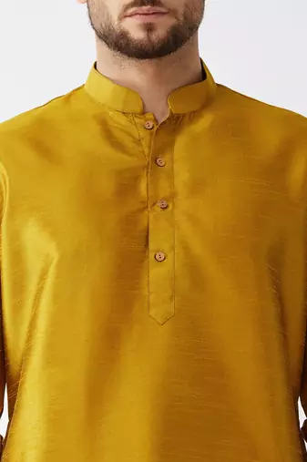 Mustard And Maroon Silk Blend Kurta And Dhoti Set