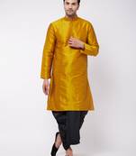 Mustard And Black Silk Blend Kurta And Dhoti Set
