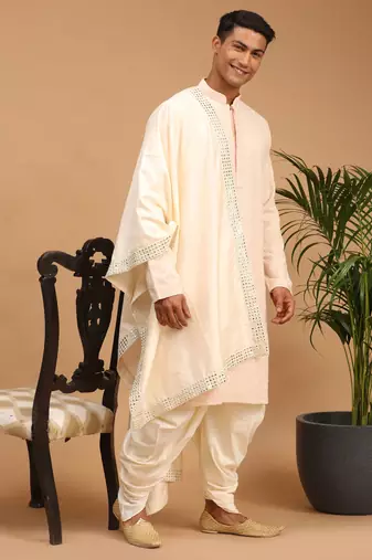 Pink And Cream Georgette Kurta Dhoti Set With Dupatta
