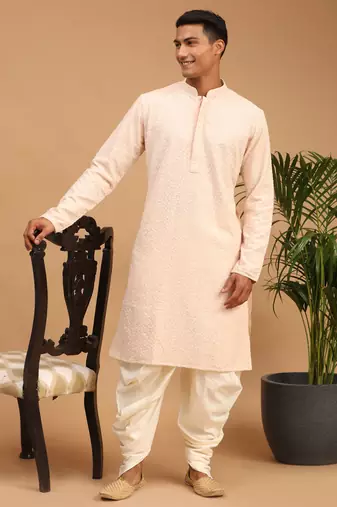 Pink And Cream Georgette Kurta Dhoti Set With Dupatta