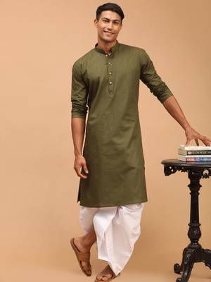 Mehandi Green Cotton Blend Plain Kurta with White Dhoti Set 1