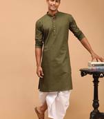 Mehandi Green Cotton Blend Plain Kurta with White Dhoti Set
