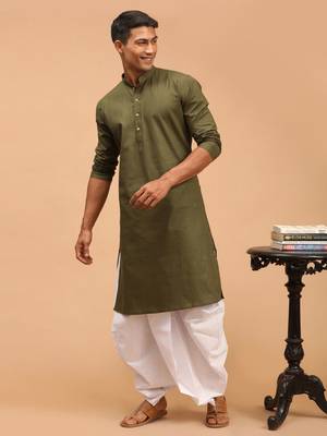 Mehandi Green Cotton Blend Plain Kurta with White Dhoti Set 2