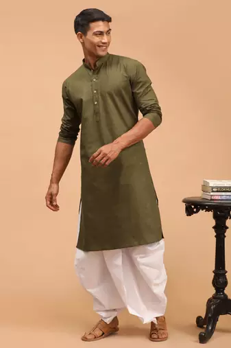 Mehandi Green Cotton Blend Plain Kurta with White Dhoti Set