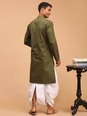 Mehandi Green Cotton Blend Plain Kurta with White Dhoti Set 3