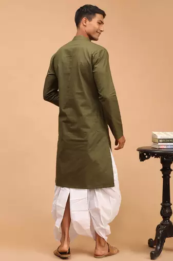 Mehandi Green Cotton Blend Plain Kurta with White Dhoti Set