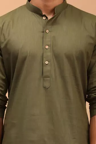 Mehandi Green Cotton Blend Plain Kurta with White Dhoti Set